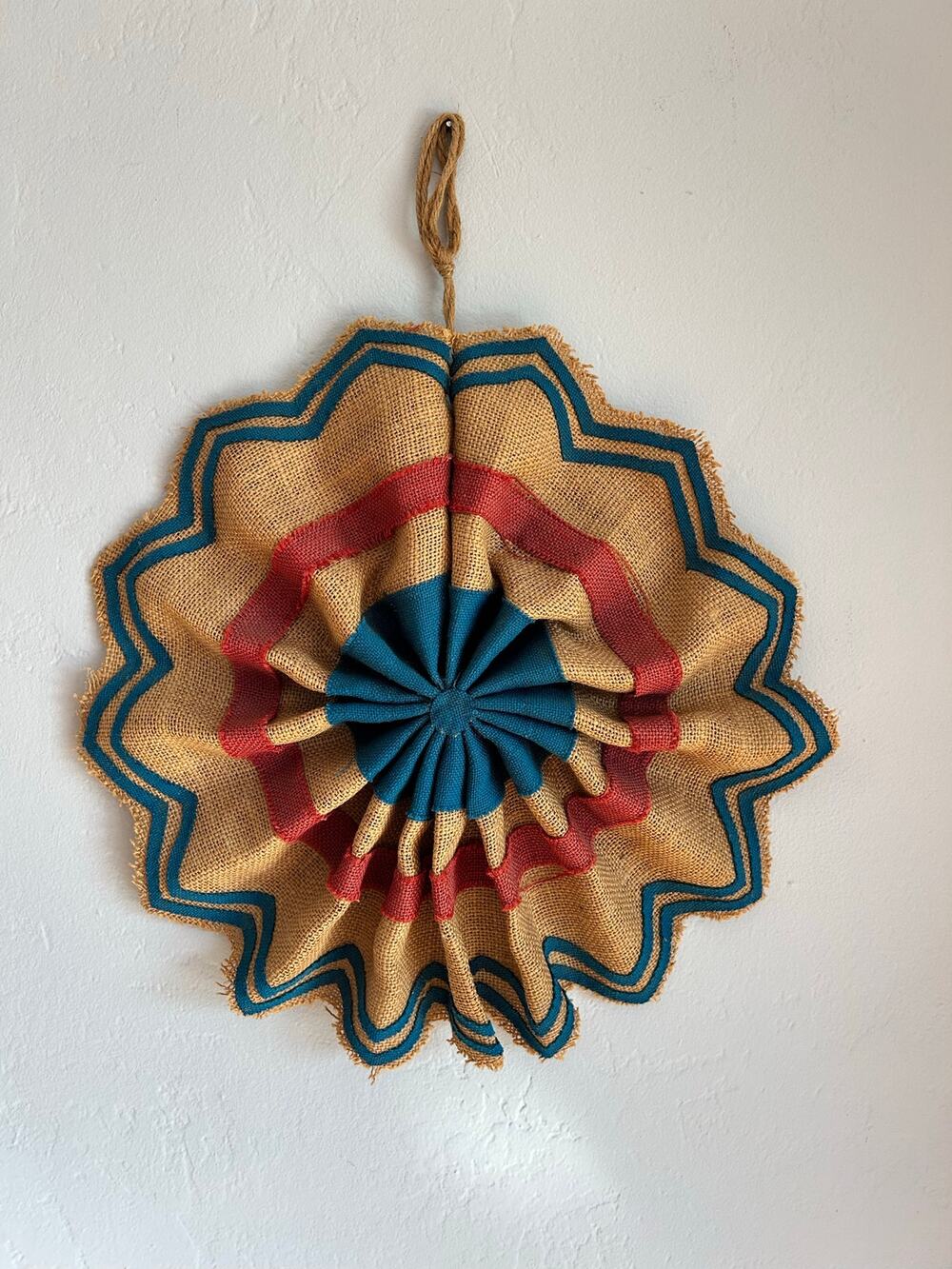 Vintage Burlap Pinwheel Wreath, Handmade Folded Fabric Rosette